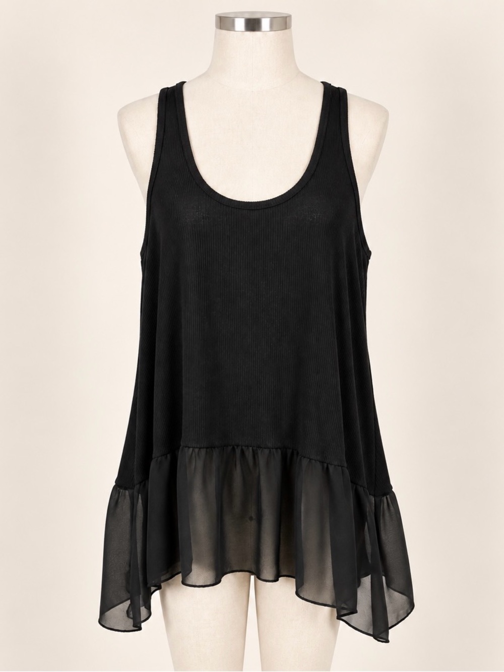 Umgee Black Ribbed Chiffon Ruffle Hem Tank Top Large High Low Tunic